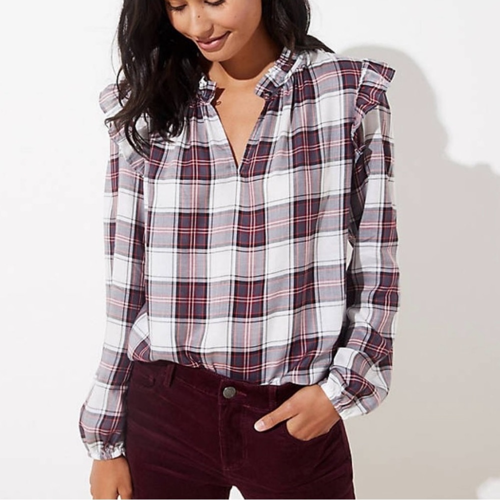 LOFT Ann Taylor Women’s Size XS Multicolored High Neck‎ Tartan Plaid Blouse